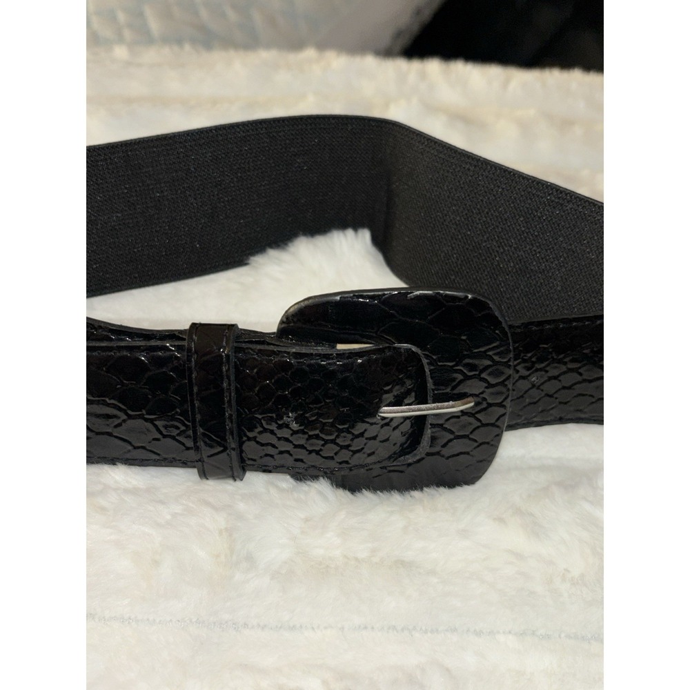 Black Stretch Cinch Belt Croc Patent Buckle Women's Retro Waist Belt L/XL